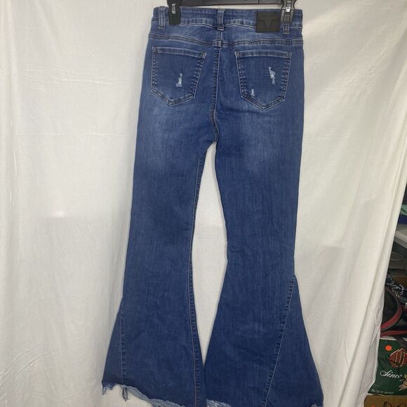 LUCKY & BLESSED Jeans Super Flare Bell Bottom Mid Rise Distressed Womens 8 Blue - Picture 2 of 11